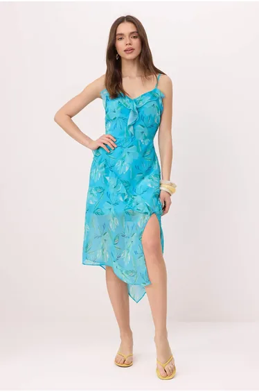 فستان ترينديول شيفون أزرق ميدي على شكل حرف A بطبعة أزهار