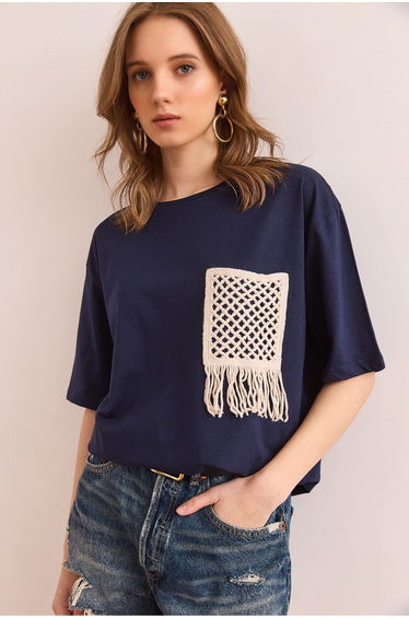 Women's Navy Blue Garnished T-Shirt