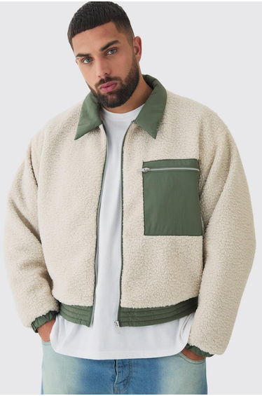 Plus Boxy Borg And Nylon Collared Bomber Jacket In Ecru - ecru