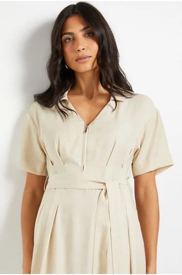 Denim Look Zip Belted Midi Dress