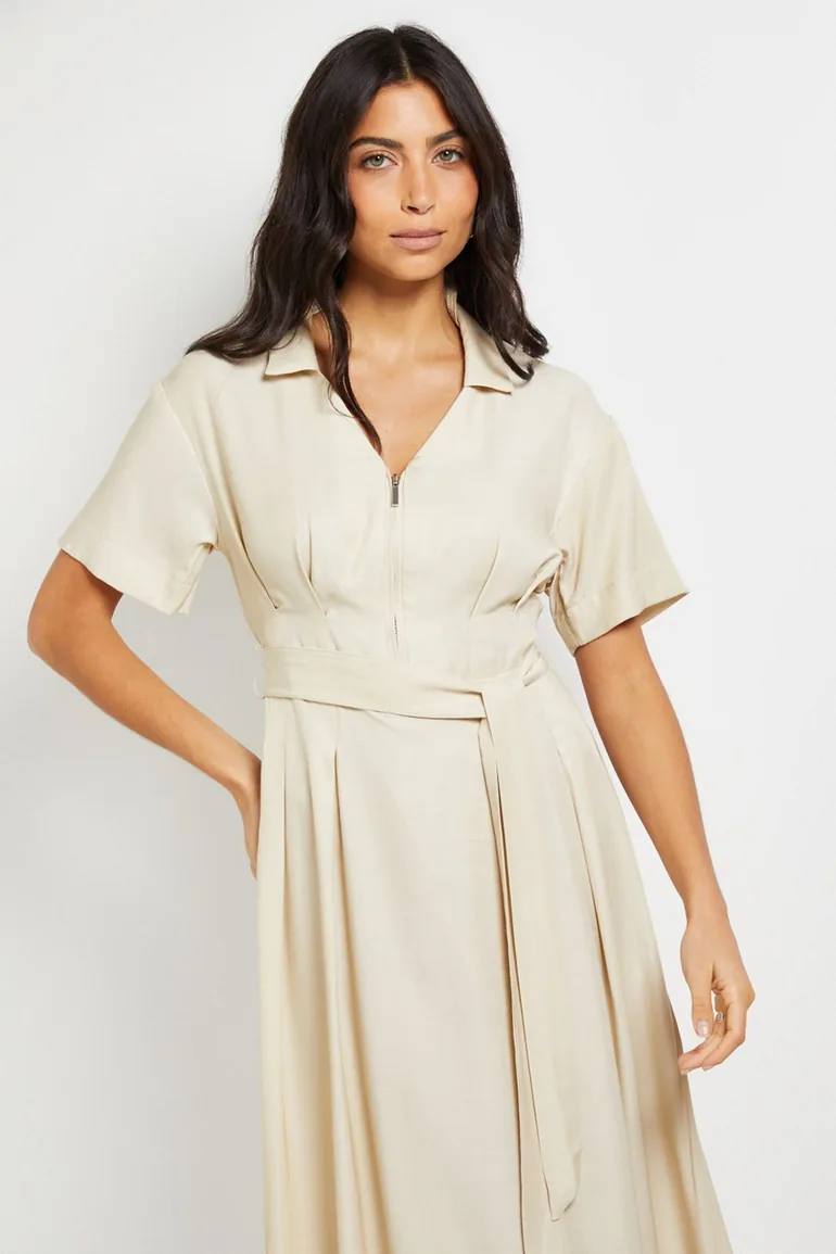 Denim Look Zip Belted Midi Dress - 1