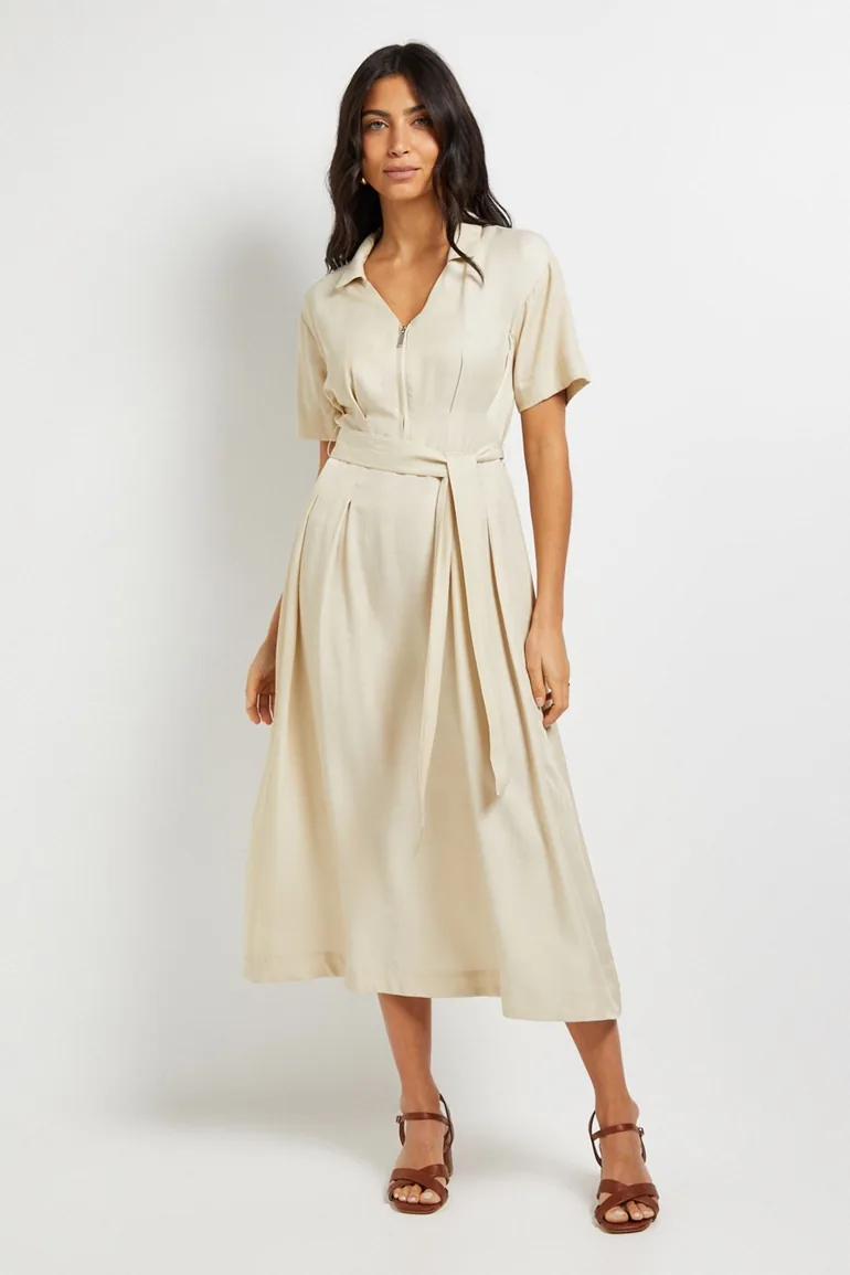 Denim Look Zip Belted Midi Dress