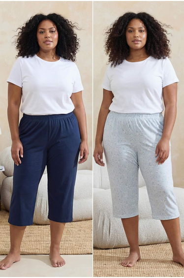 Multi-Colored Floral Patterned 2-Pack Cotton Plus Size Pajama Bottoms