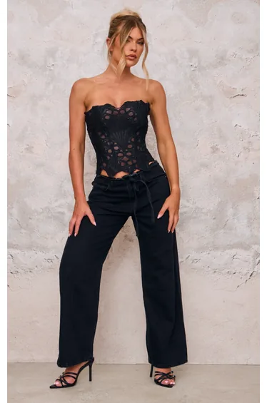 كورسية توب دانتيل أسود بطبعة أزهار