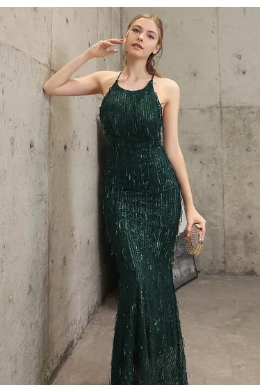 Sequin Tassel Mermaid Gown in Dark Green