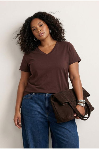 Brown Regular Fit V-Neck Plus Size T-Shirt