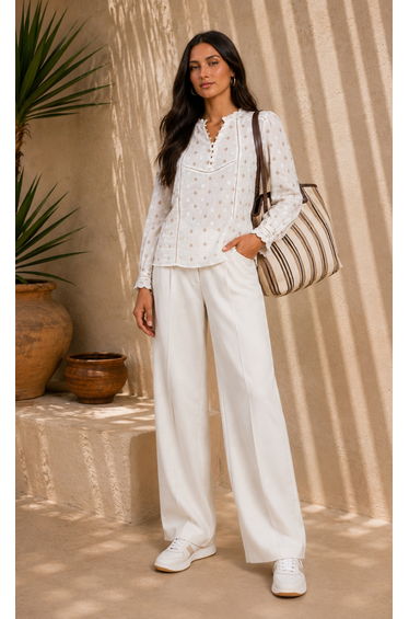 White Jacquard Cotton Top with Lace Detail