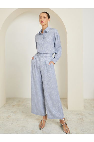 Women Wide Leg Jacquard Pattern Belted Pants