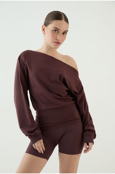 DSGN Studio Off The Shoulder Cinched Waist Long Sleeve Top - chocolate