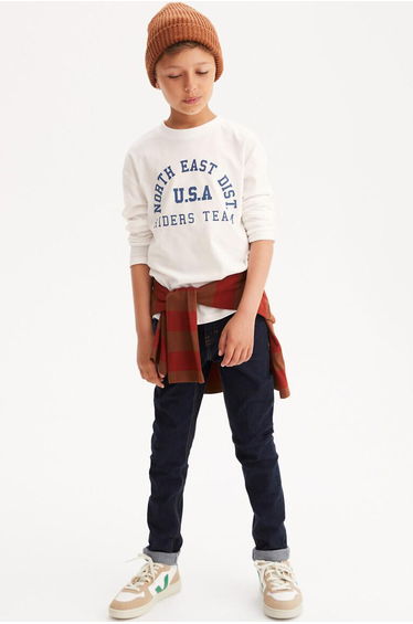 Slogan Print Cotton T-Shirt with Long Sleeves