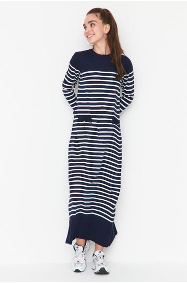 Navy Blue Striped Crew Neck Knitwear Dress
