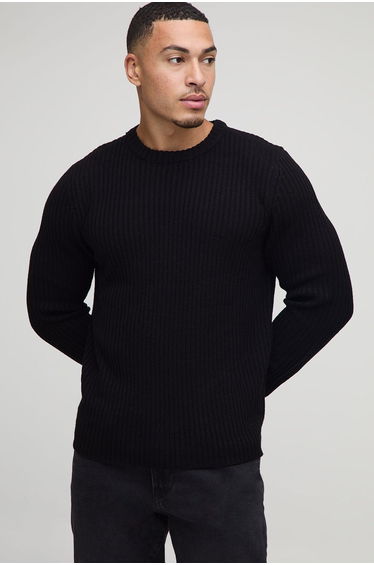 Regular Fit Ribbed Knitted Jumper - black