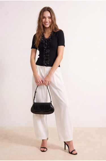 Black Tulle Floral V Collar Detail Blouse