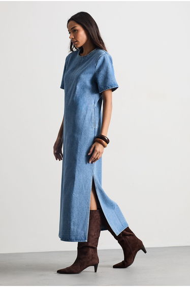 Denim Side Split Midi Dress