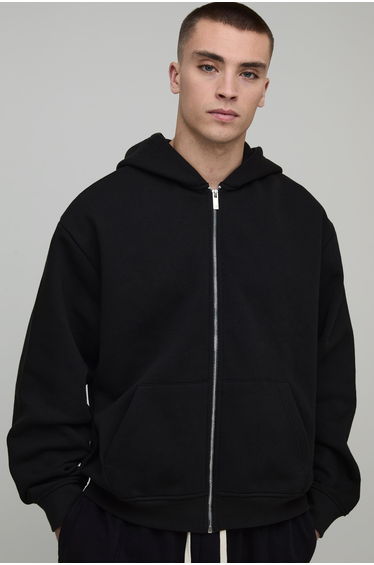 Basic Oversized Boxy Zip Through Hoodie - black