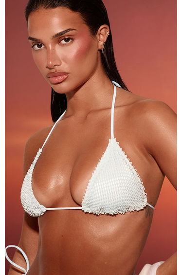 Pale Blue Textured Swim Triangle Bikini Top