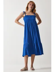 Women's Blue Strappy Crinkle Summer Knitted Dress - 2