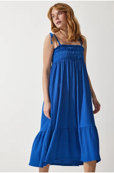 Women's Blue Strappy Crinkle Summer Knitted Dress