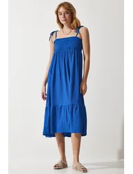 Women's Blue Strappy Crinkle Summer Knitted Dress - 1
