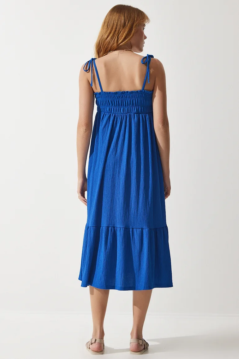 Women's Blue Strappy Crinkle Summer Knitted Dress - 4