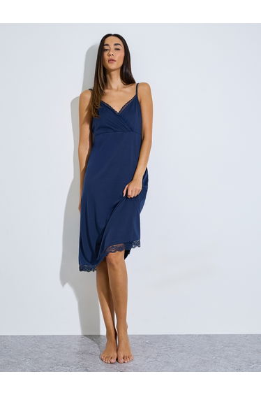 Navy Blue Lace Trim Cross Over V Neck Slip Dress