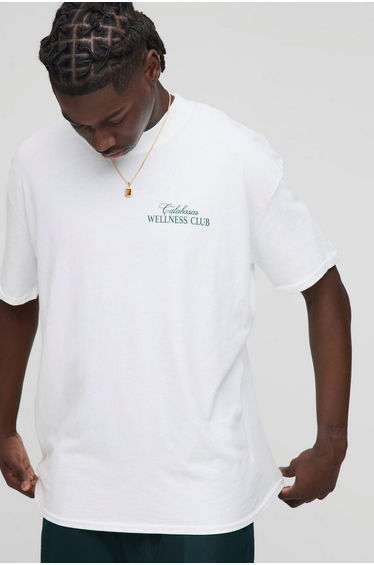Oversized Extended Neck Calabasas Wellness Club T-Shirt - white