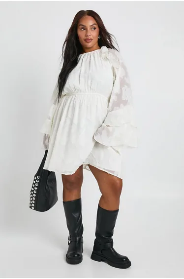 Plus Burnout Floral Ruffle Smock Dress - ivory