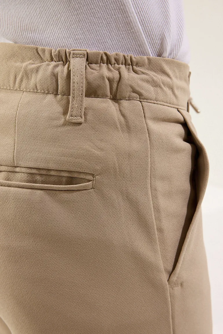 Slim Fit Waist Tie Detail Elastic Fabric Woven Trousers - 5