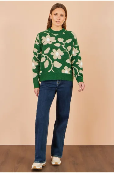 Yumi Green Floral Intarsia Relaxed Fit Jumper