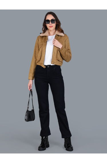 Women Beige Faux Suede Jacket with Fur Collar