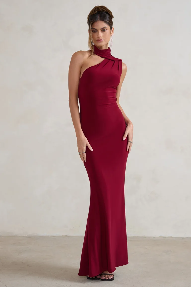 Capucine | Berry Red Asymmetric Draped Maxi Dress