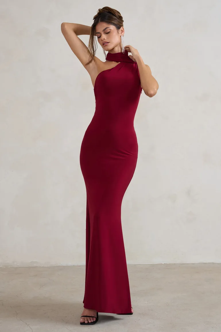 Capucine | Berry Red Asymmetric Draped Maxi Dress - 2
