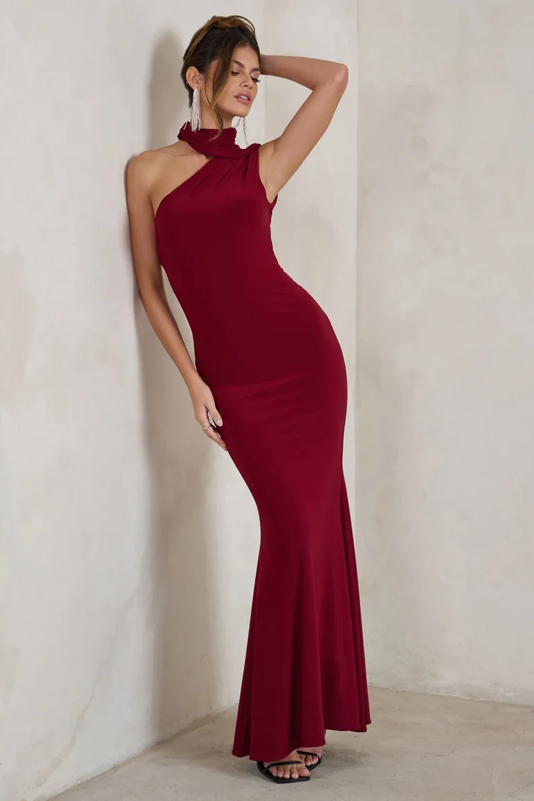 Capucine | Berry Red Asymmetric Draped Maxi Dress - 4