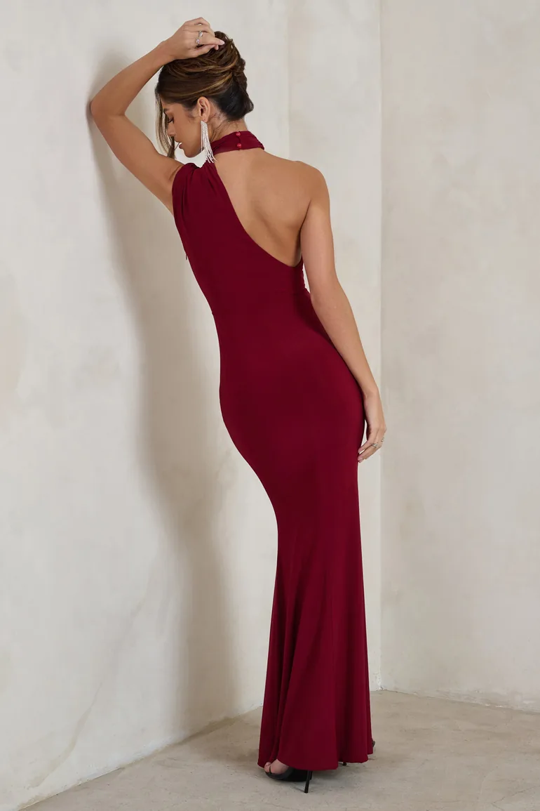 Capucine | Berry Red Asymmetric Draped Maxi Dress - 1