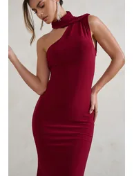 Capucine | Berry Red Asymmetric Draped Maxi Dress - 3