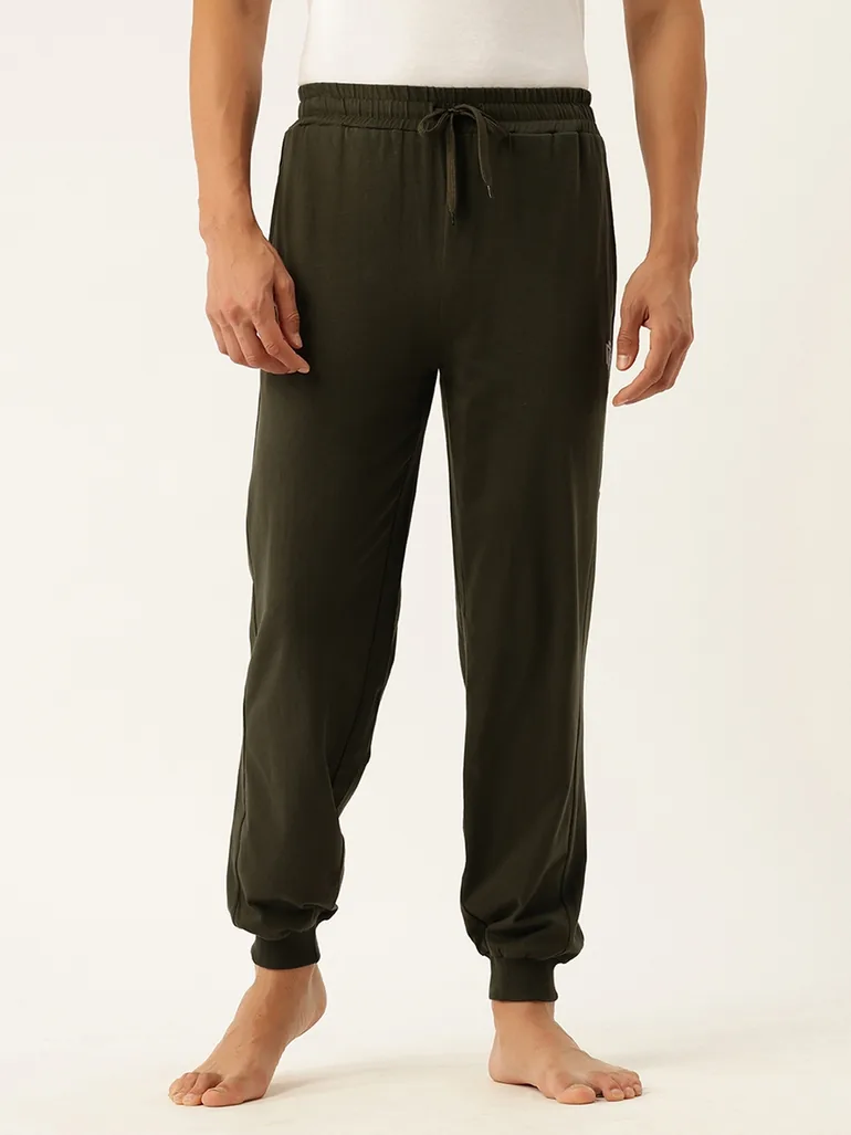 Men Olive Cotton Joggers with Side Panel - 1