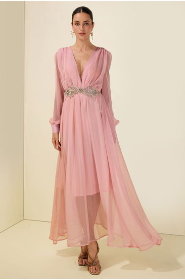Rhinestone Rivets Beaded V-Neck Midi Dress