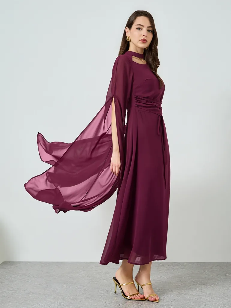 magenta maxi dress with sleeves Long Sleeve Crystal Draped Maxi Dress Magenta
