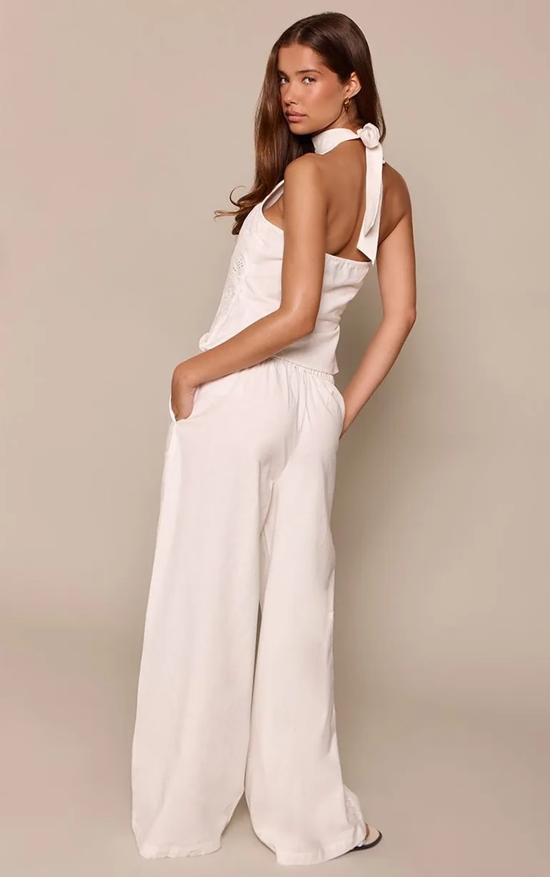 White Cotton Sun Embroidered Detail Trousers - 1