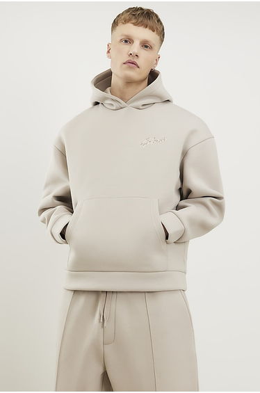 Beige Oversized Fit Script Graphic Hoodie