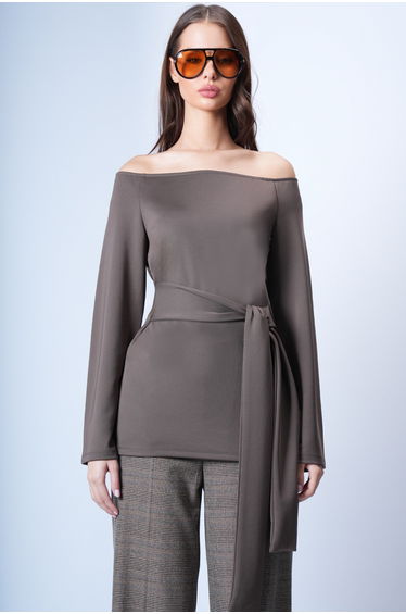 Women's Bitter Brown Boat Neck Tie-Waist Knitted Blouse