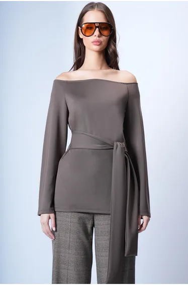 Women's Bitter Brown Boat Neck Tie-Waist Knitted Blouse