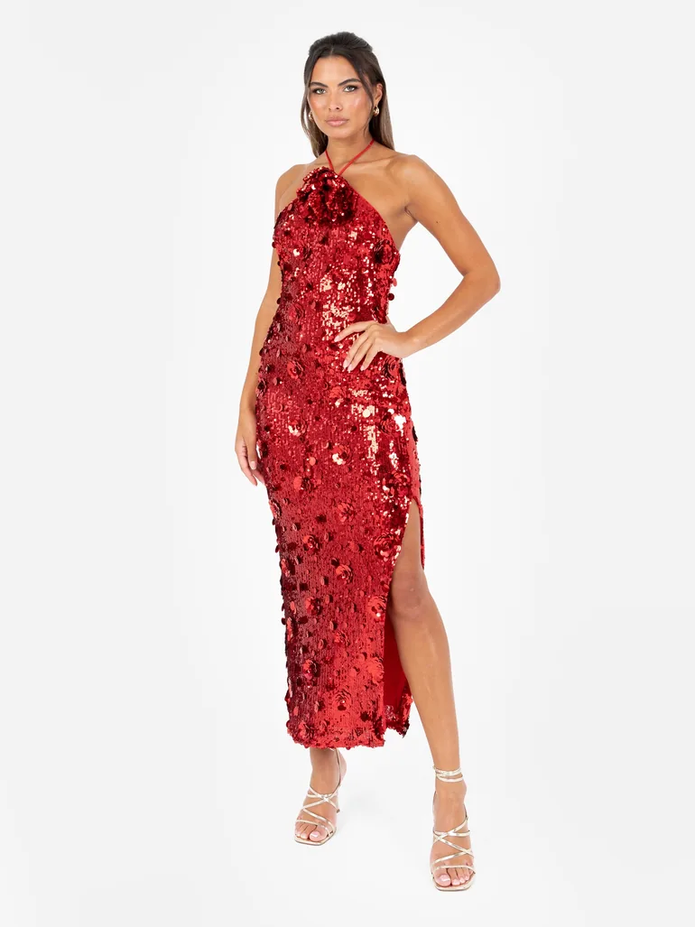Maya Red Fully Embellished Halter Neck Midaxi Dress with Corsage Maya  Deluxe Red : Premium Dresses : VogaCloset Qatar