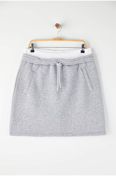 Gray Melange Waist Poplin Detailed Knitted Mini Plus Size Skirt