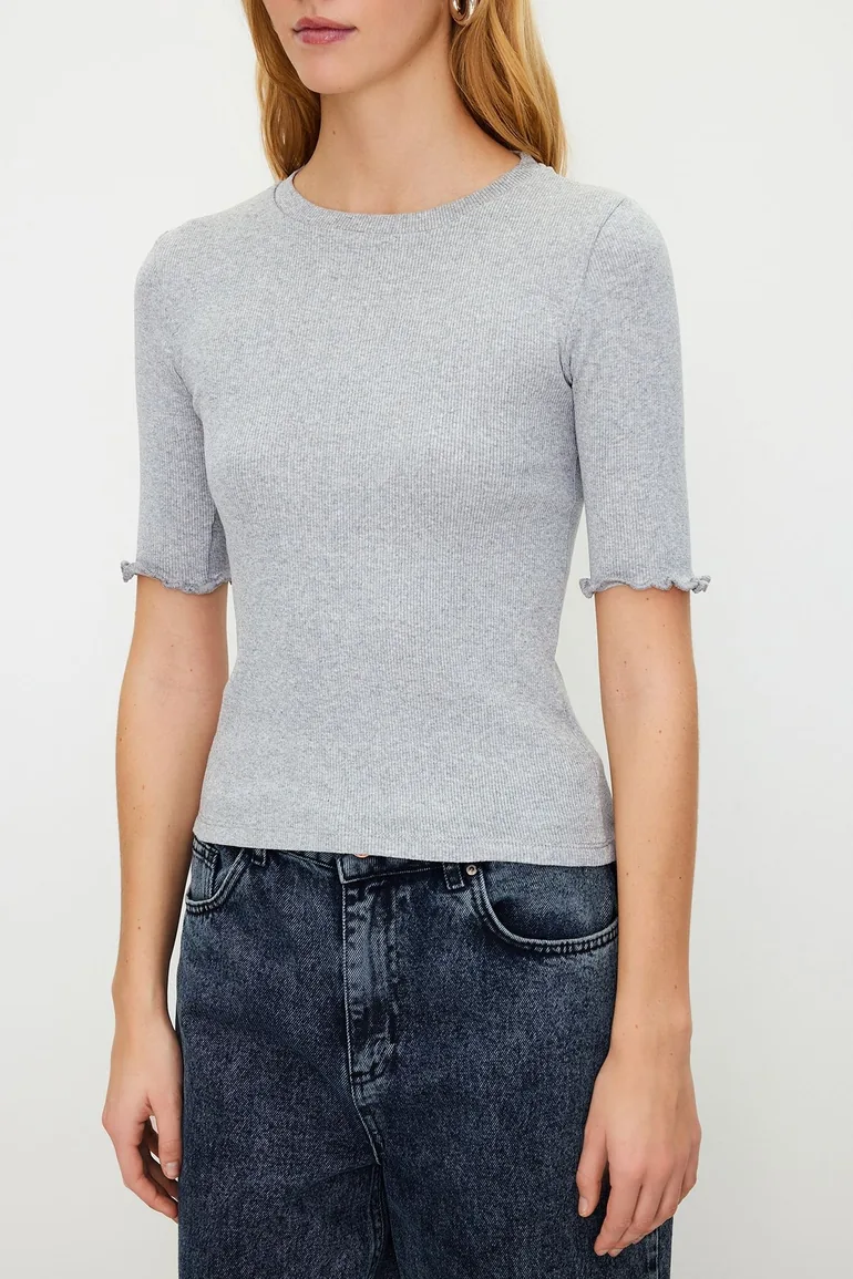 Gray Melange Ribbed Fitted Crew Neck Stretchy Knitted Blouse - 4