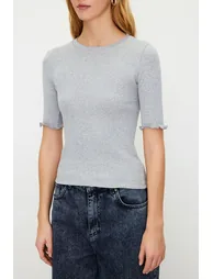 Gray Melange Ribbed Fitted Crew Neck Stretchy Knitted Blouse - 4