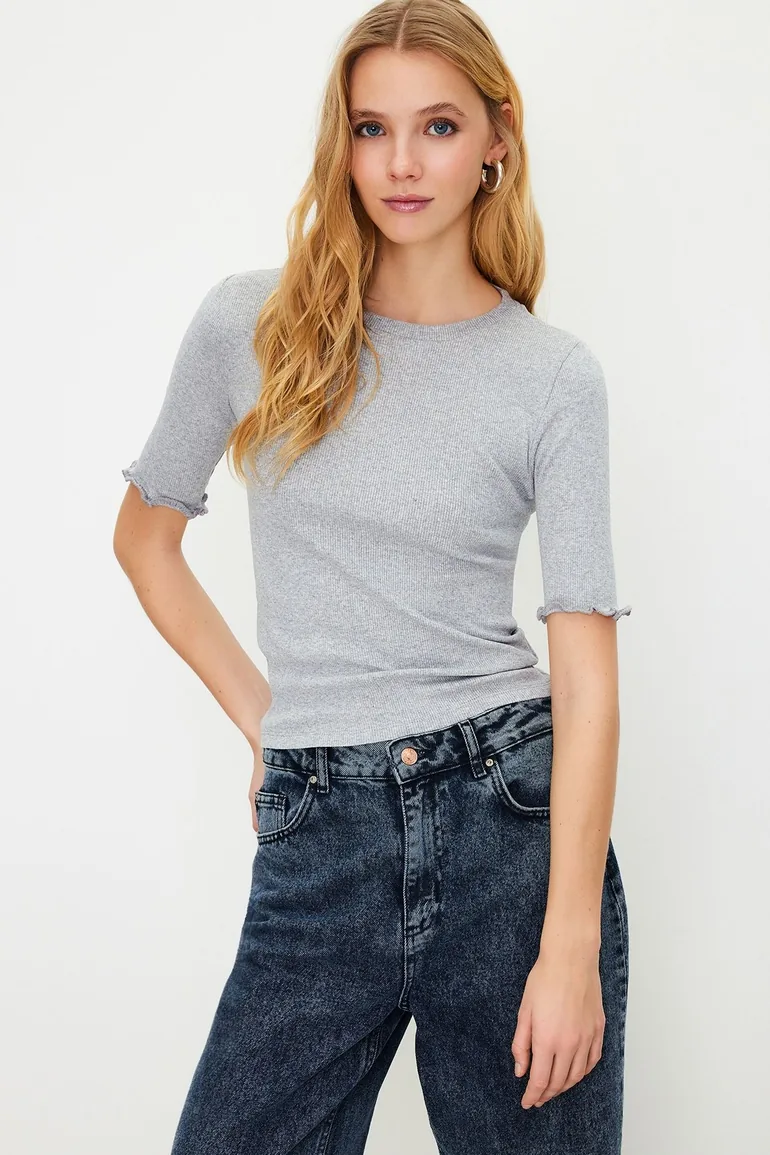 Gray Melange Ribbed Fitted Crew Neck Stretchy Knitted Blouse