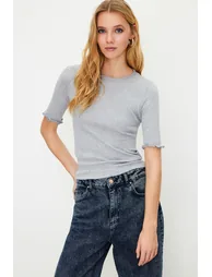 Gray Melange Ribbed Fitted Crew Neck Stretchy Knitted Blouse