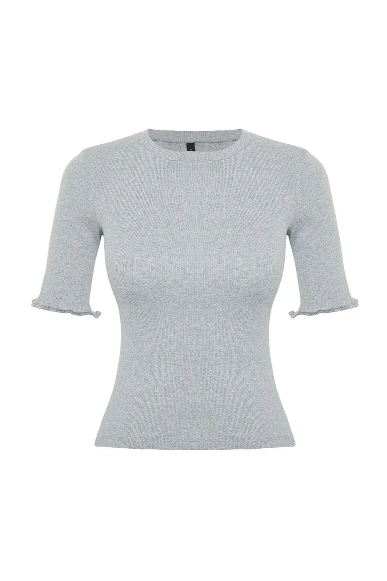 Gray Melange Ribbed Fitted Crew Neck Stretchy Knitted Blouse - 6