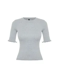 Gray Melange Ribbed Fitted Crew Neck Stretchy Knitted Blouse - 6